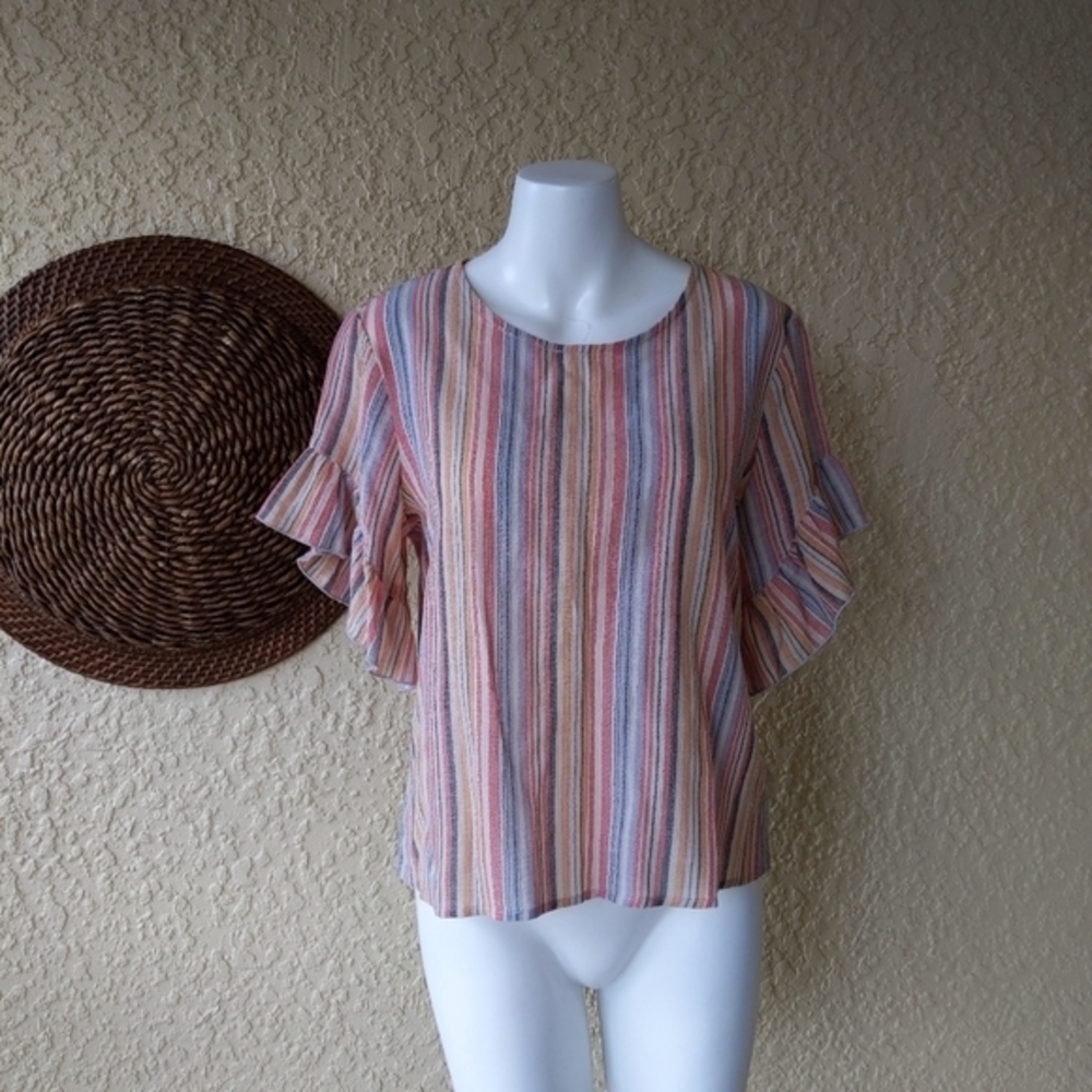 Drew striped cotton‎ pullover ruffle sleeve high lo